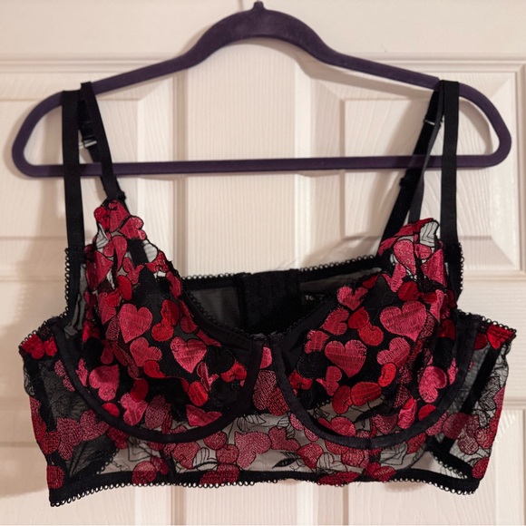 NWOT Torrid Black and Pink , Red hearts embroidered longline bralette•sheer mesh - Picture 4 of 8
